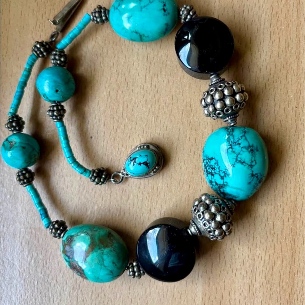 Turquoise & Agate Necklace Sterling Silver Accents